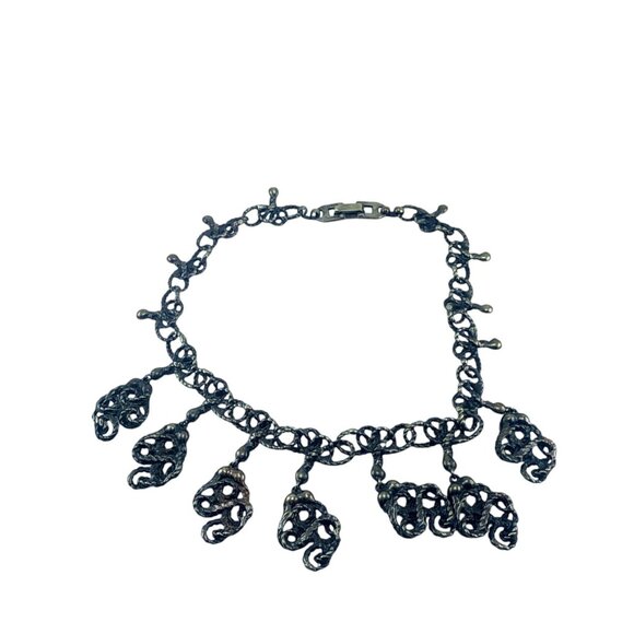 Vintage Brutalist Bronze Statement Necklace Textured Chain Dangle Pendant Choker - Picture 6 of 8